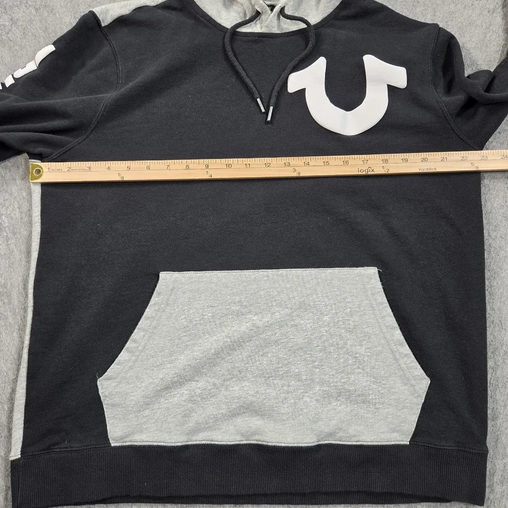 True Religion Hoodie Sweatshirt Mens Large Black Color Block Fleece Pullover